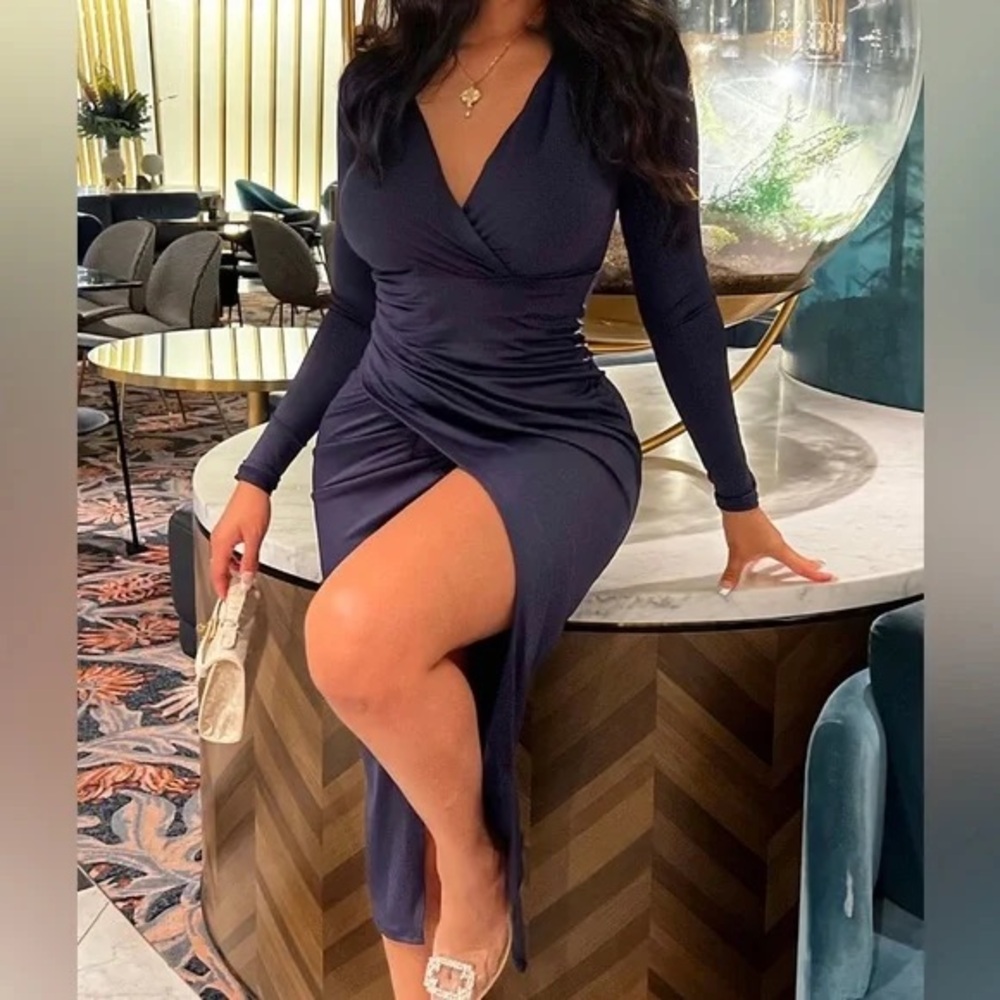 Fashion Nova Elegant Navy Long Sleeve Dress